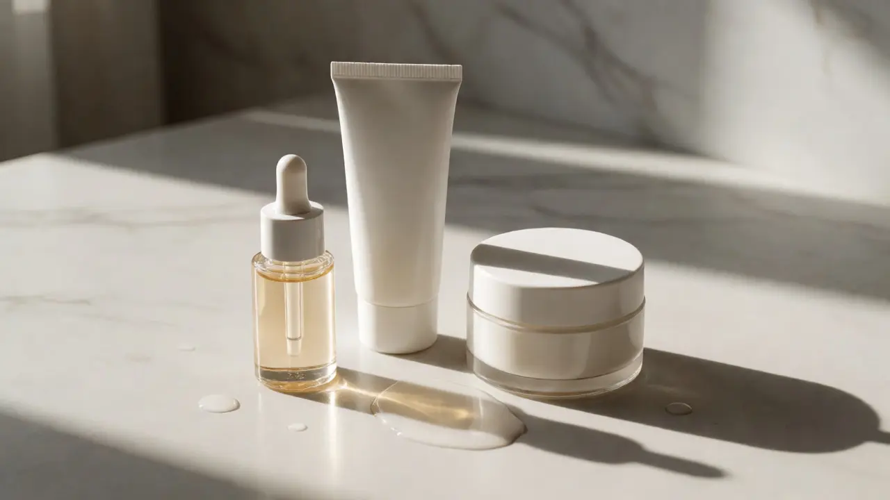 Three minimalist skincare bottles arranged on a marble surface with dramatic sunlight.