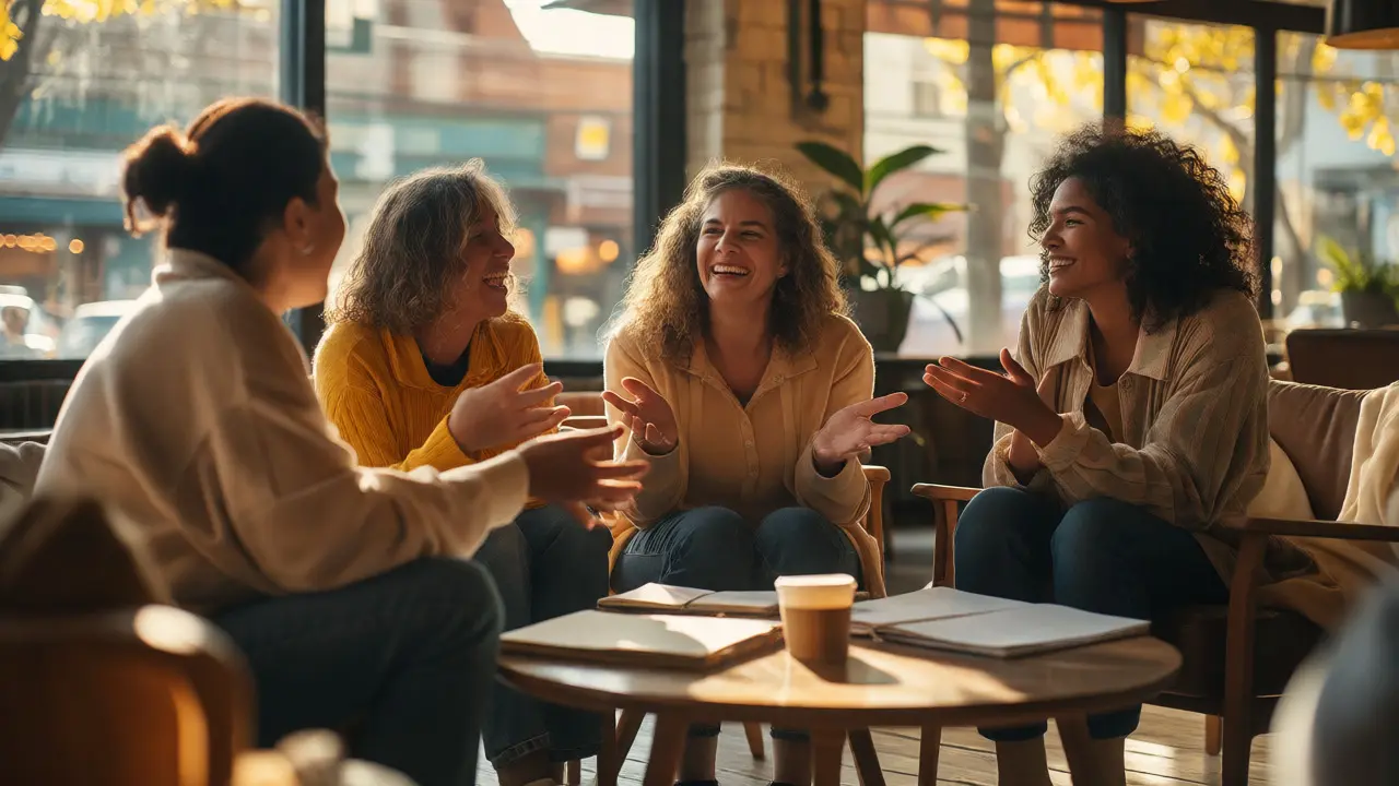Three women discussing ideas passionately over coffee