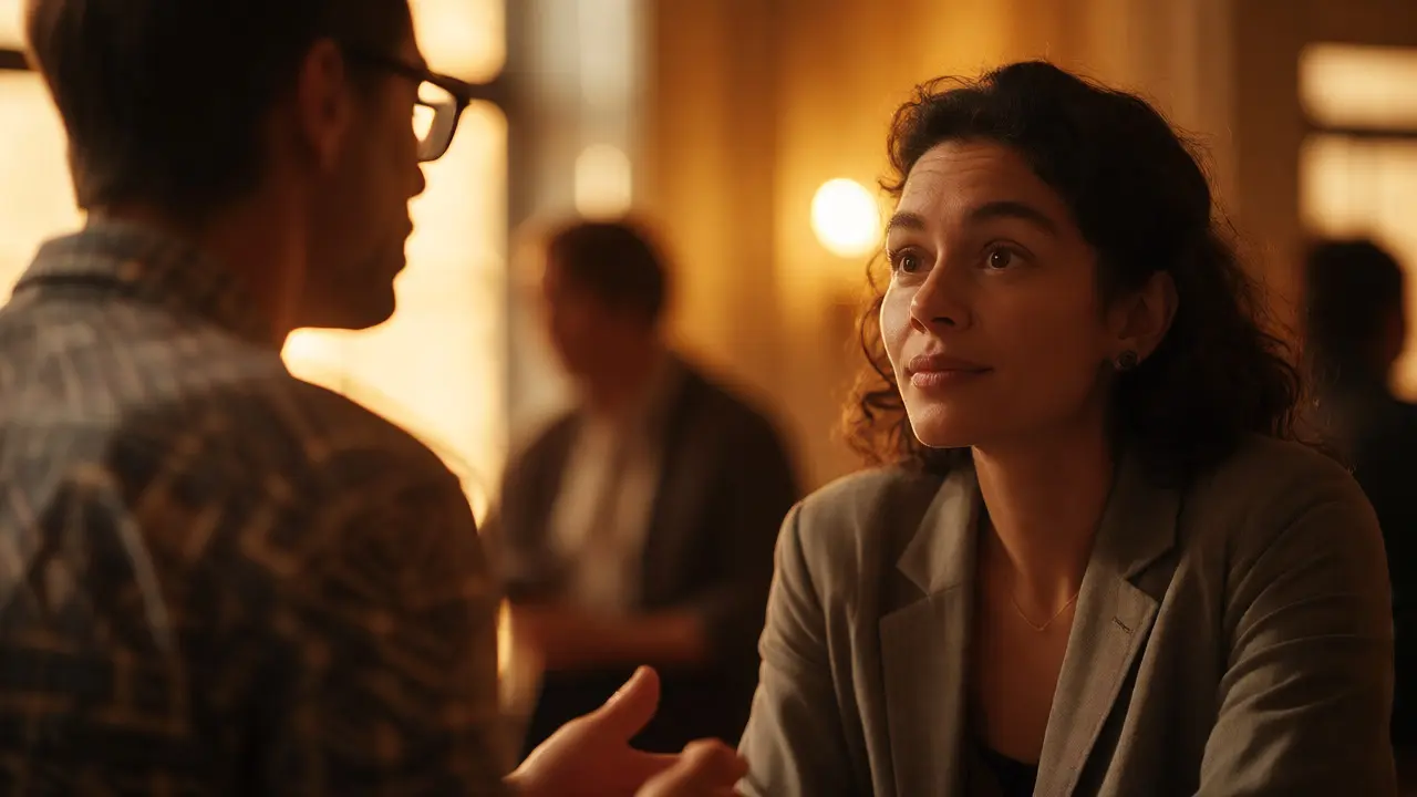 Two professionals having an intimate, focused one-on-one conversation