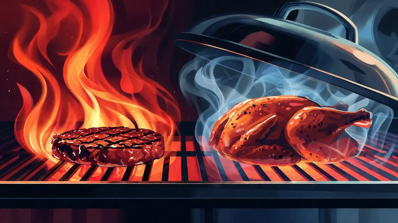Visual comparison of direct flame searing versus indirect heat cooking