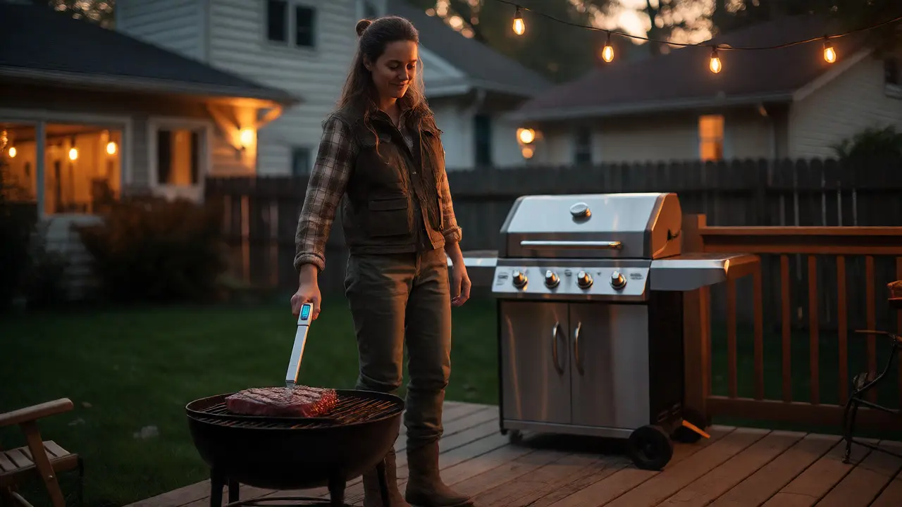 Woman checking internal temperature of a steak with a digital thermometer