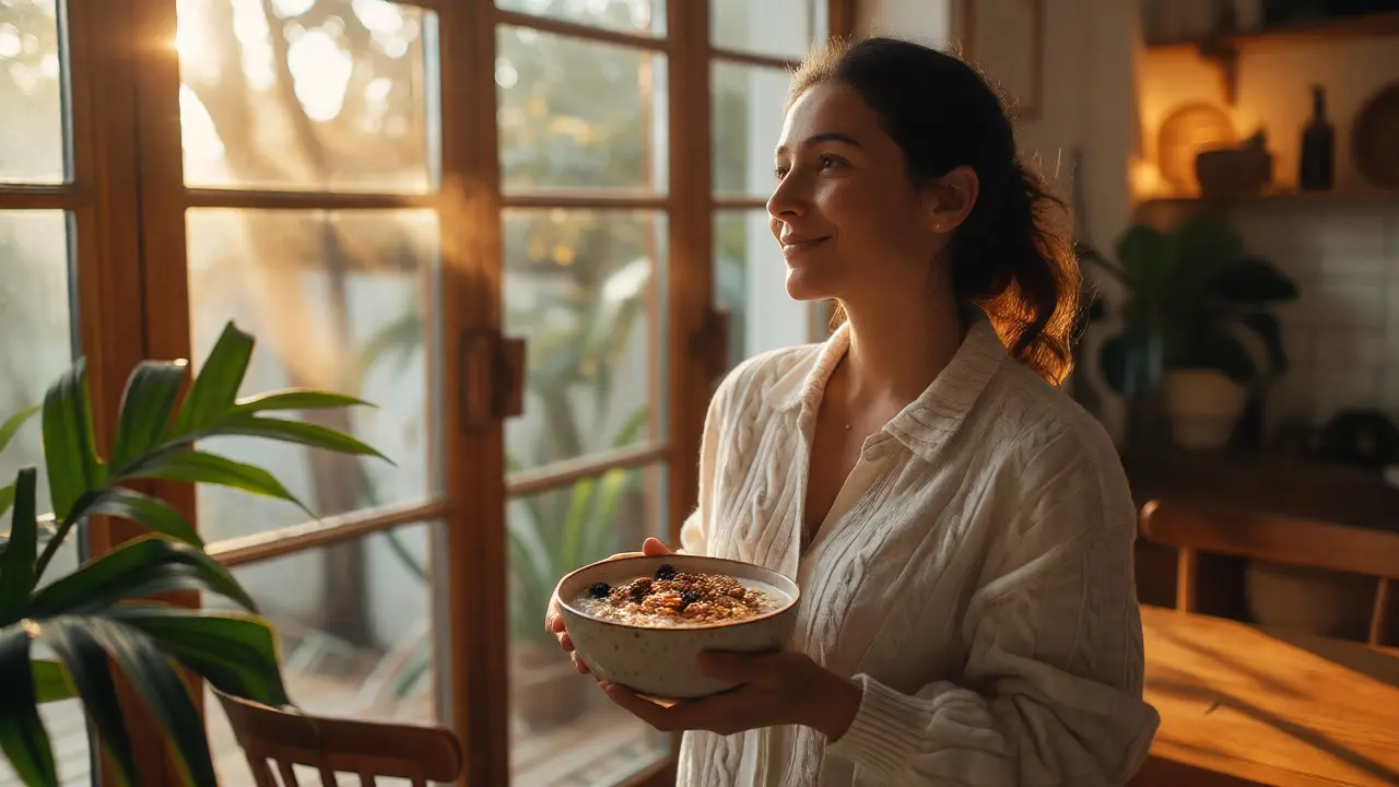 Woman enjoying a healthy breakfast by a sunny window without distractions