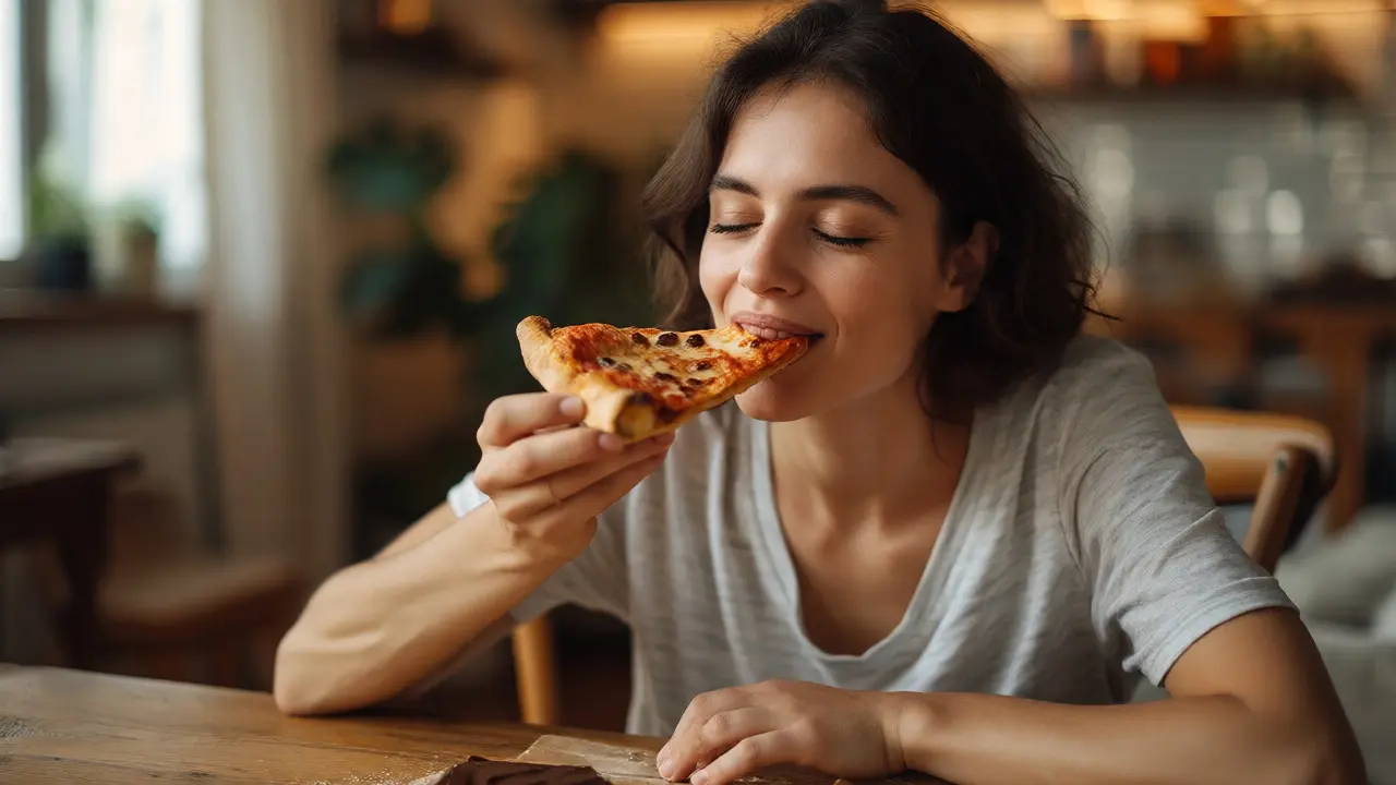 Woman enjoying a meal mindfully with a satisfied expression