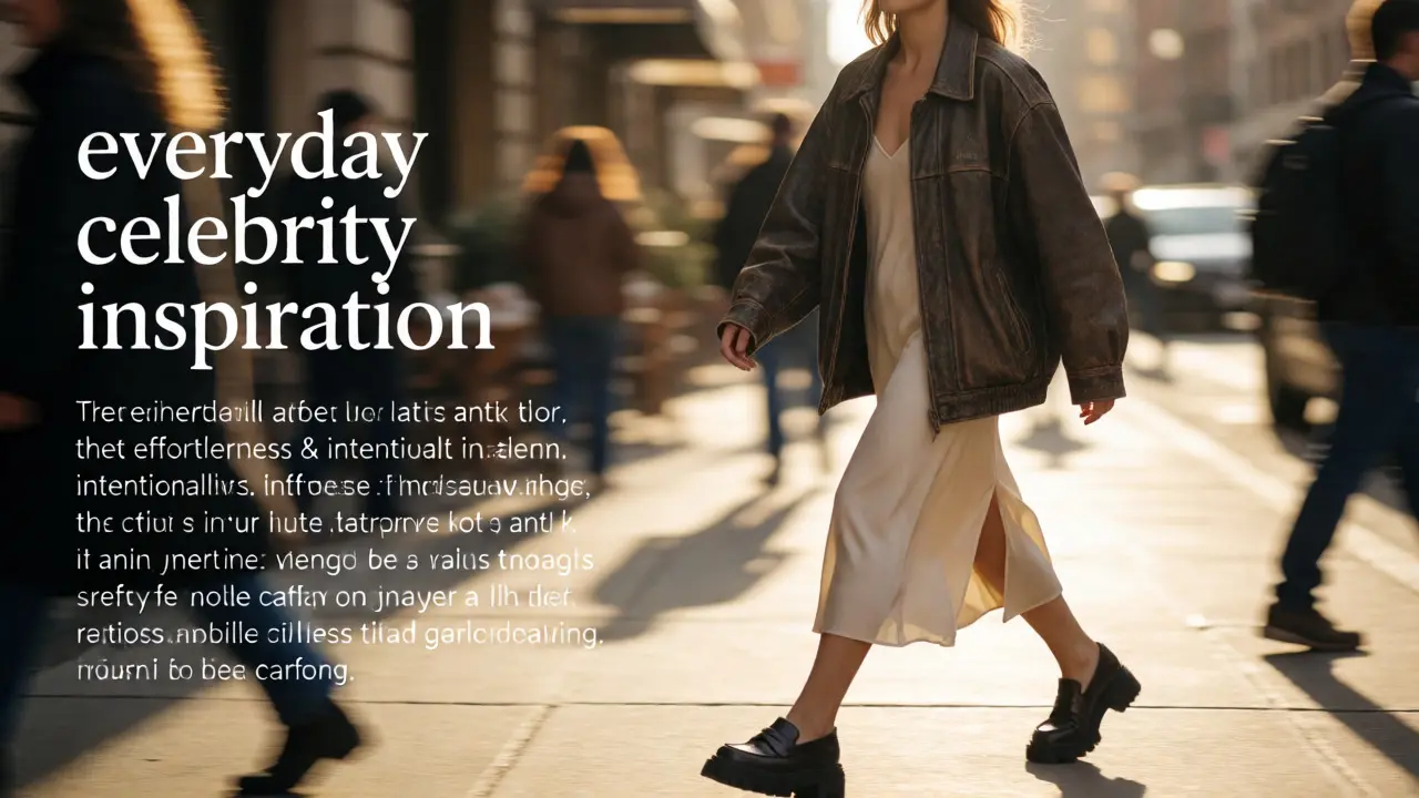 Woman in leather jacket and slip dress walking on city street in golden hour light.