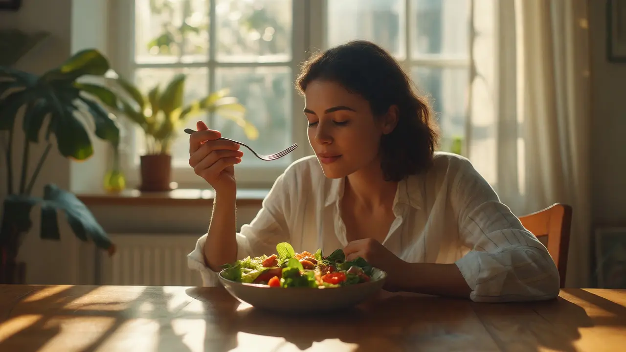 Woman pausing to smell her food before eating mindfully