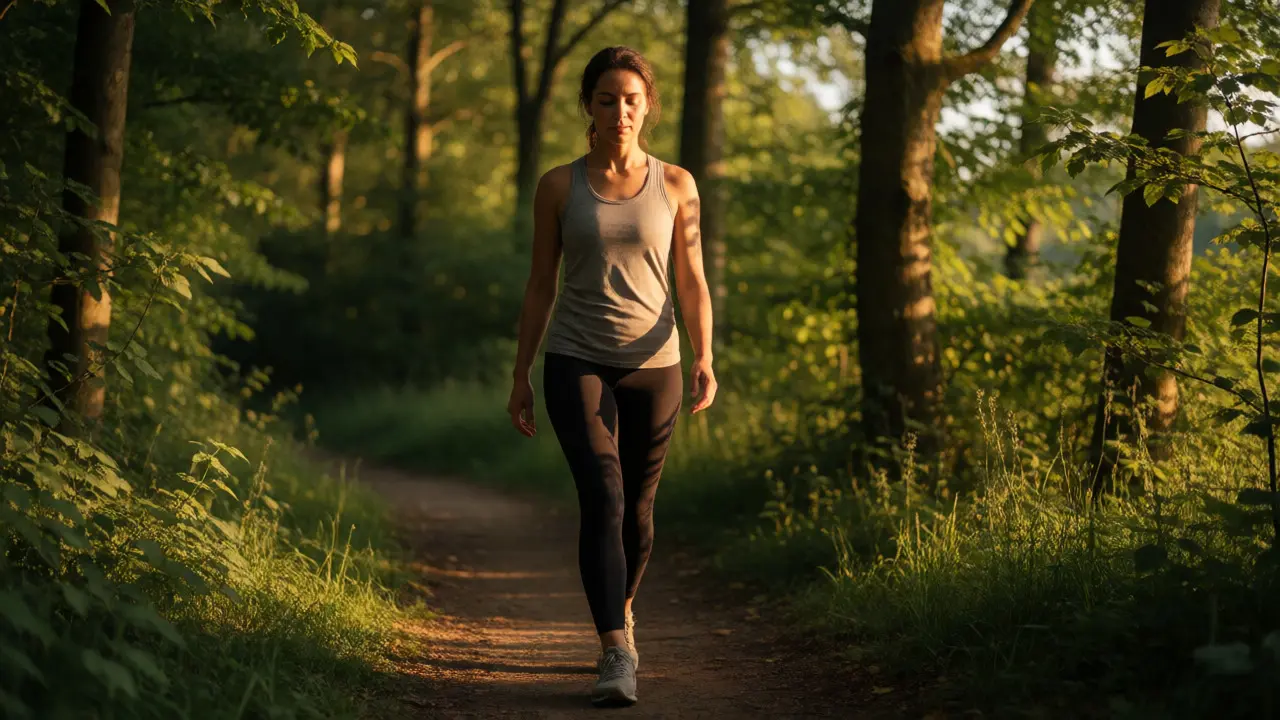 Woman practicing walking meditation on a forest path