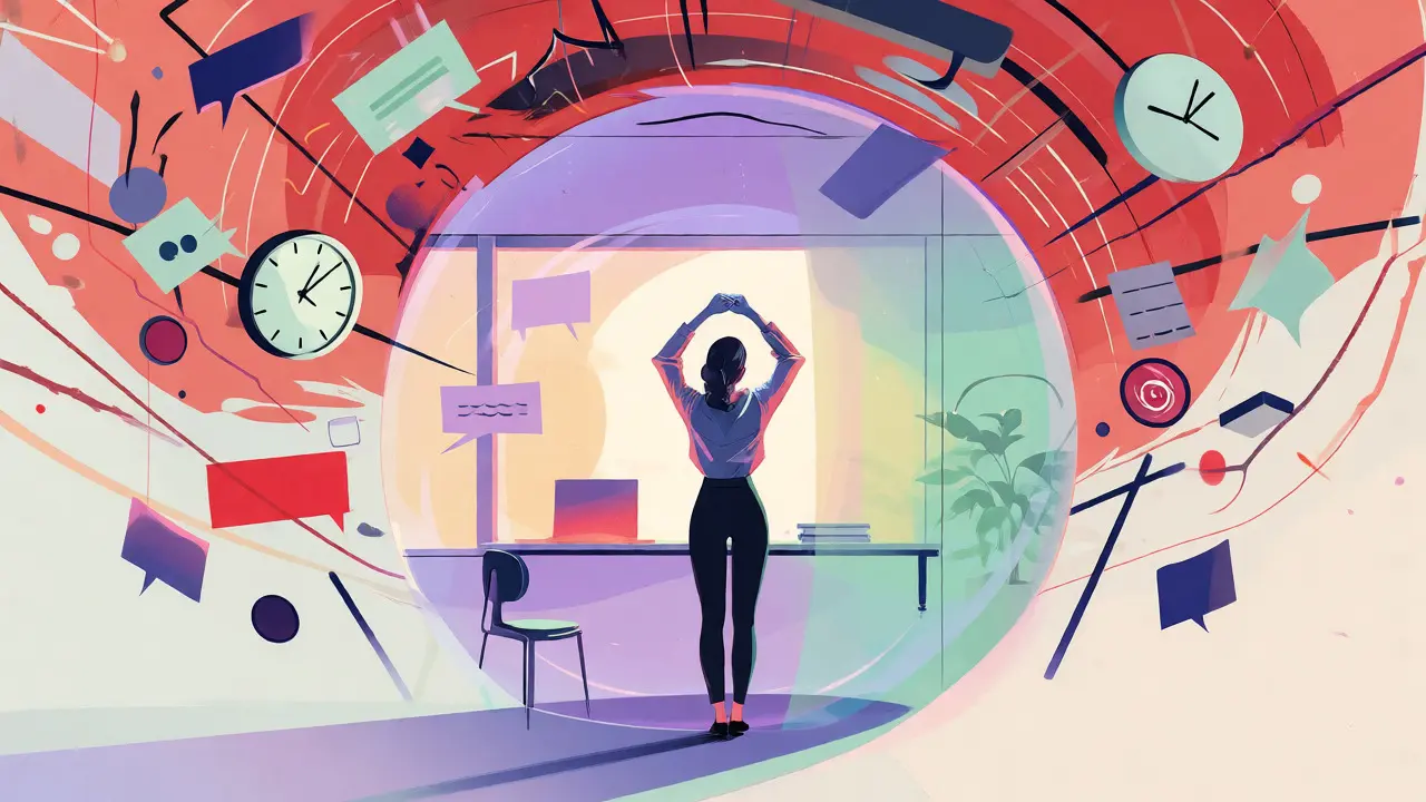 Woman protected in a calm bubble amidst a chaotic vortex of abstract workplace stress symbols.