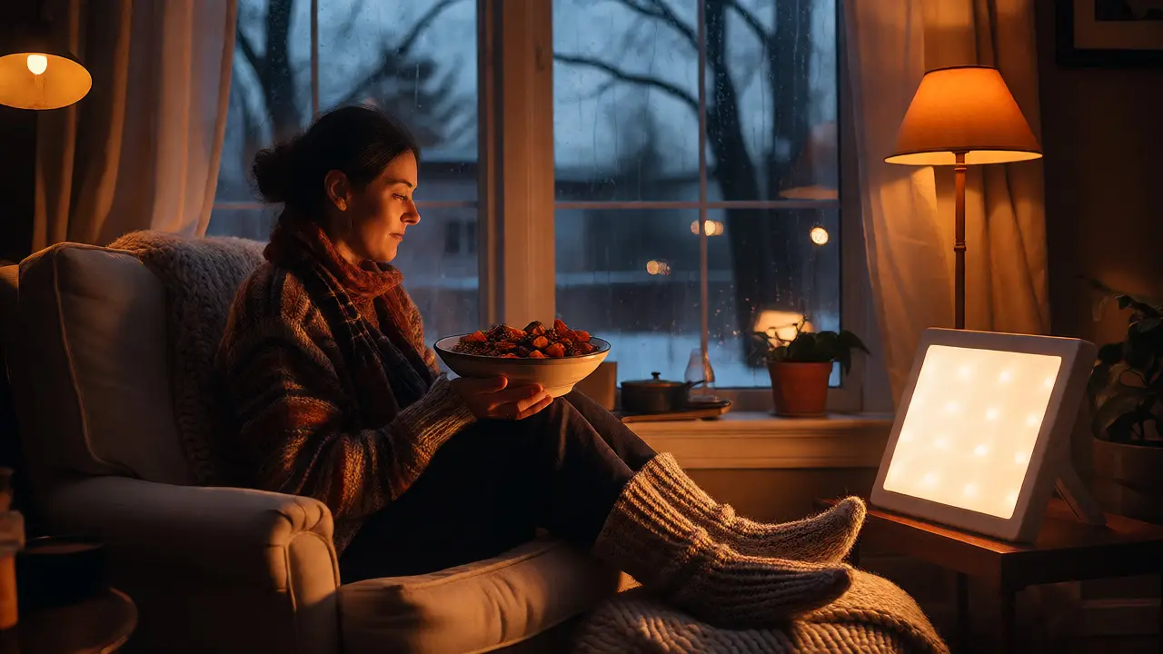 Woman relaxing indoors with warm lighting and healthy food during winter.