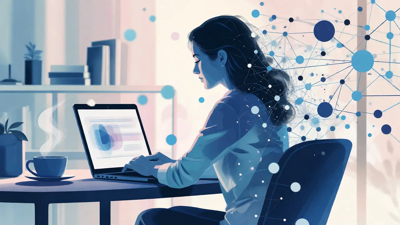 Woman sending a thoughtful follow-up email in a quiet workspace