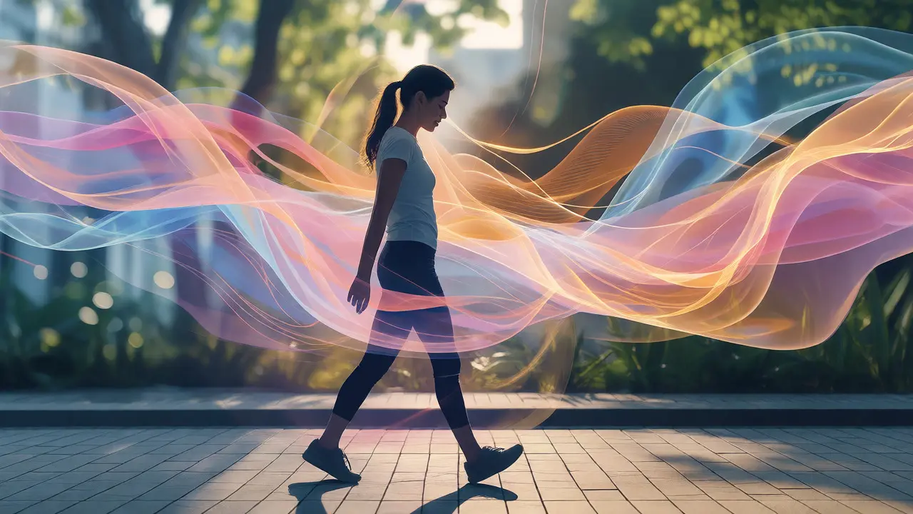 Woman walking mindfully with abstract colorful ribbons representing hormonal cycles.