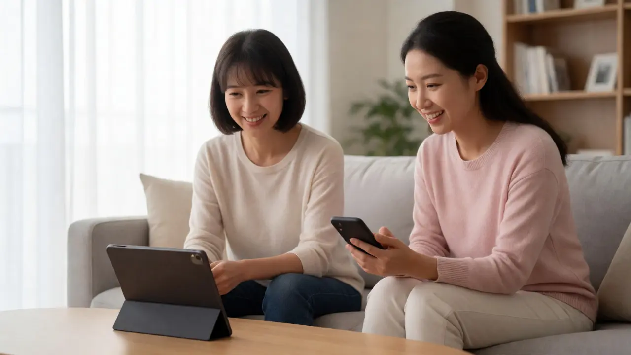 Woman watching a show on a tablet while texting a distant friend.