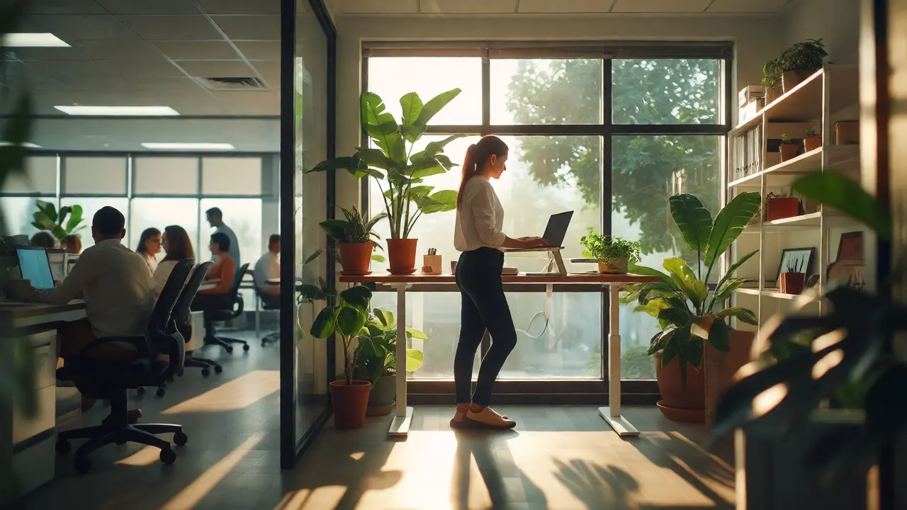 Woman working remotely from a bright, plant-filled home office space.