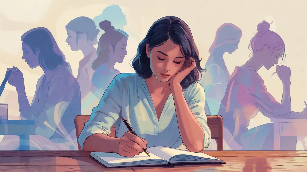 Woman writing journal surrounded by connected community silhouettes
