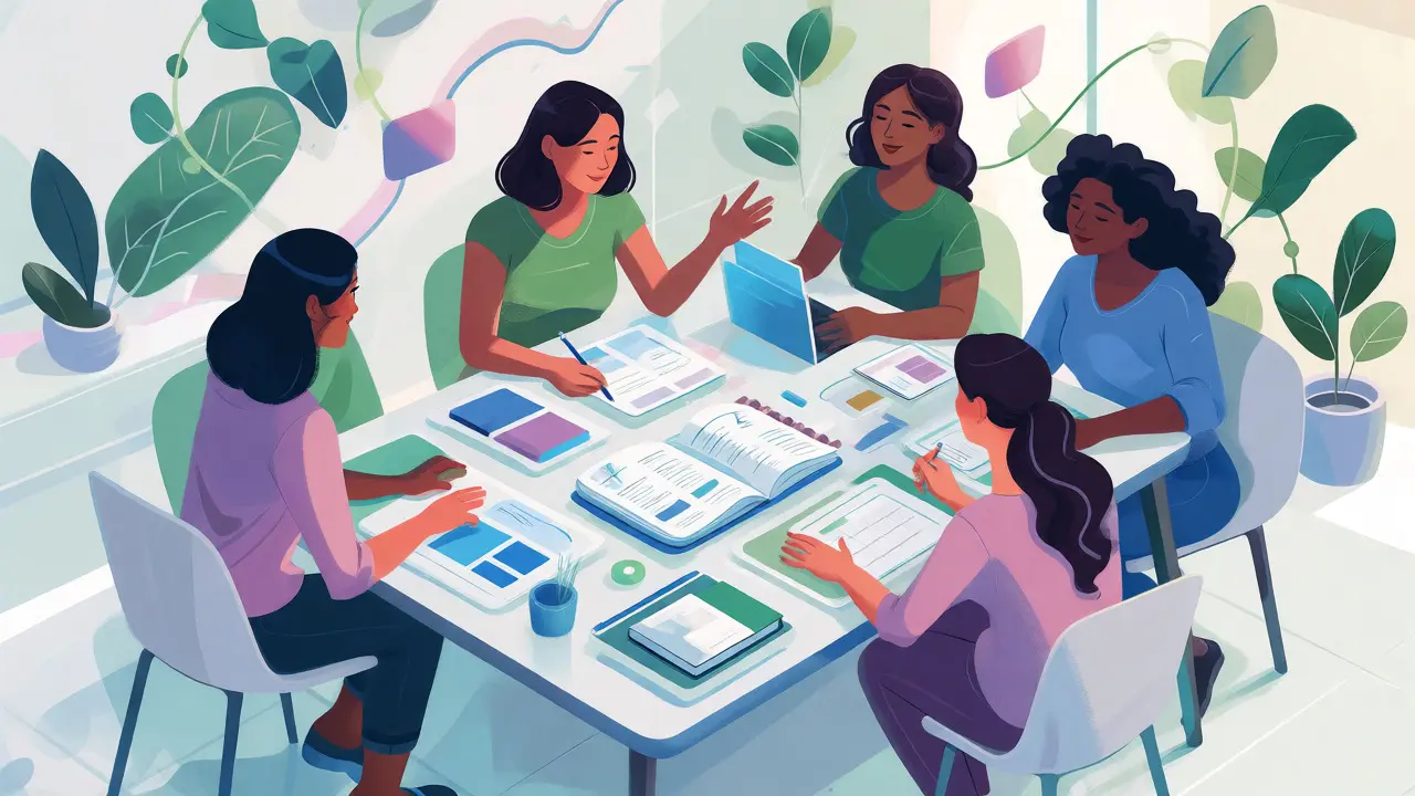 Women collaborating on digital products and business plans in a bright modern setting