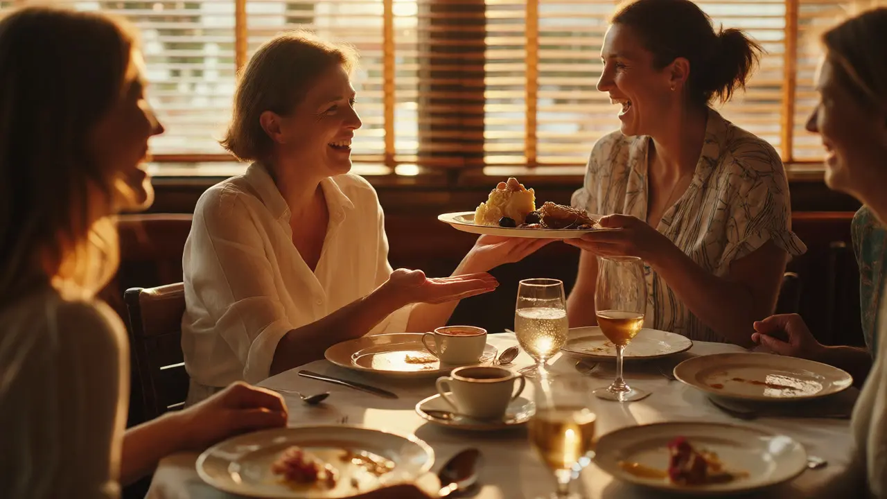 Women laughing at a table while one declines a dessert platter