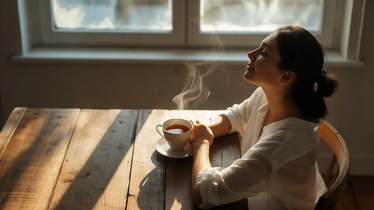 A woman relaxing with tea by a window, enjoying restored energy and peace.