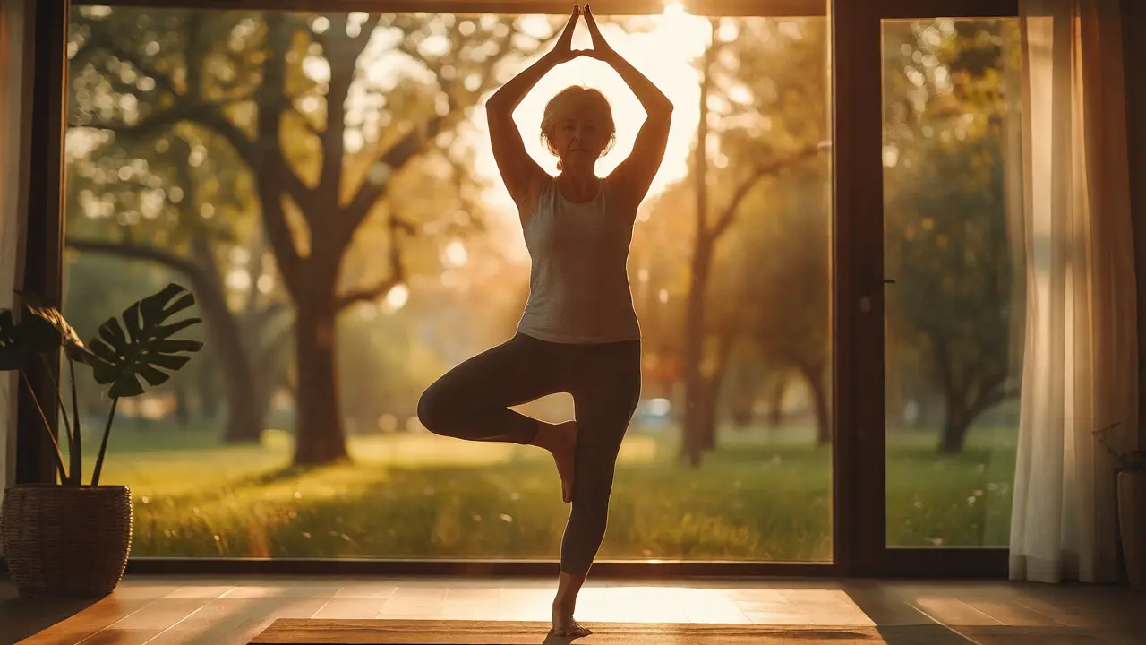Active older woman balancing in a yoga pose