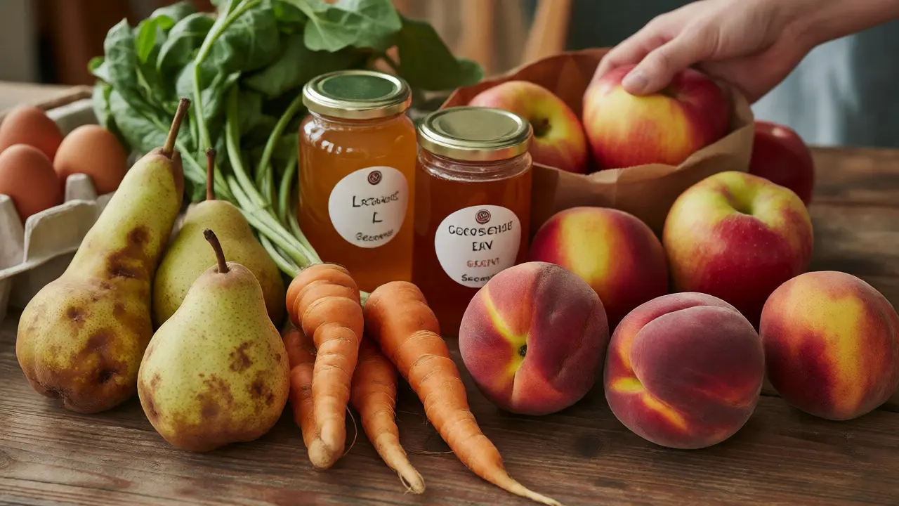 Close-up of imperfect pears, carrots, and other 'ugly' produce on a wooden display table.
