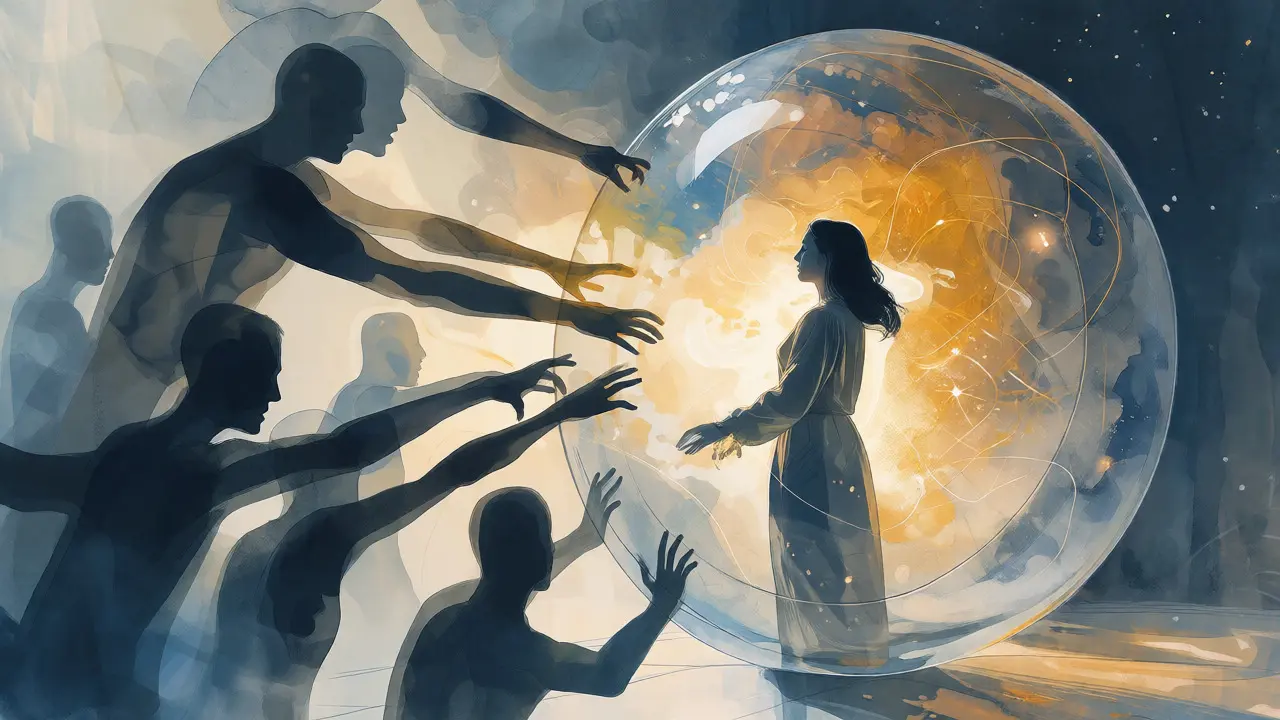 Conceptual art showing a woman protected by a glass sphere from draining shadows.