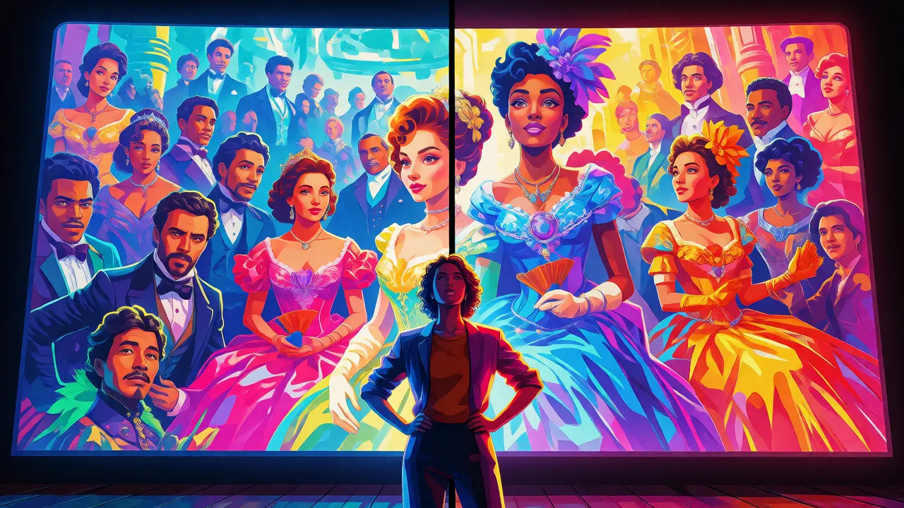 Confident woman standing before a vibrant movie screen showing a period drama.