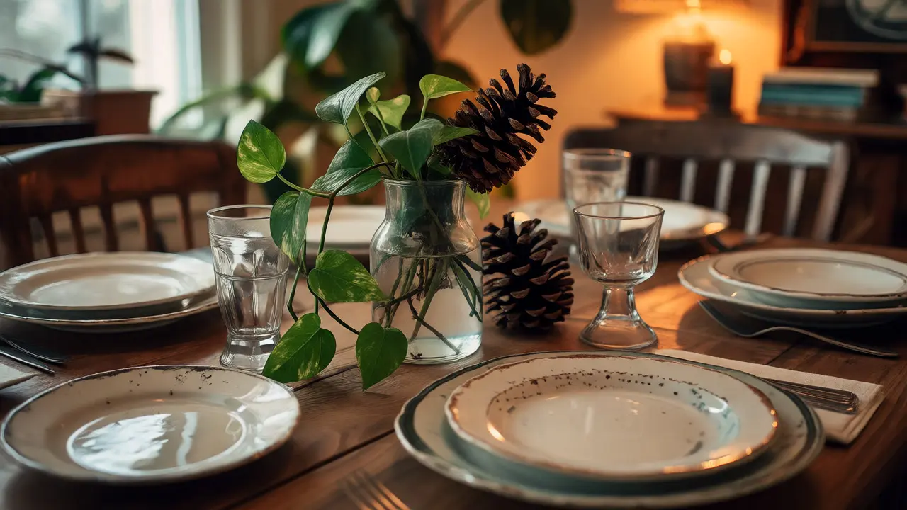 Cozy table setting with mismatched vintage plates, pothos plants, and warm candlelight.