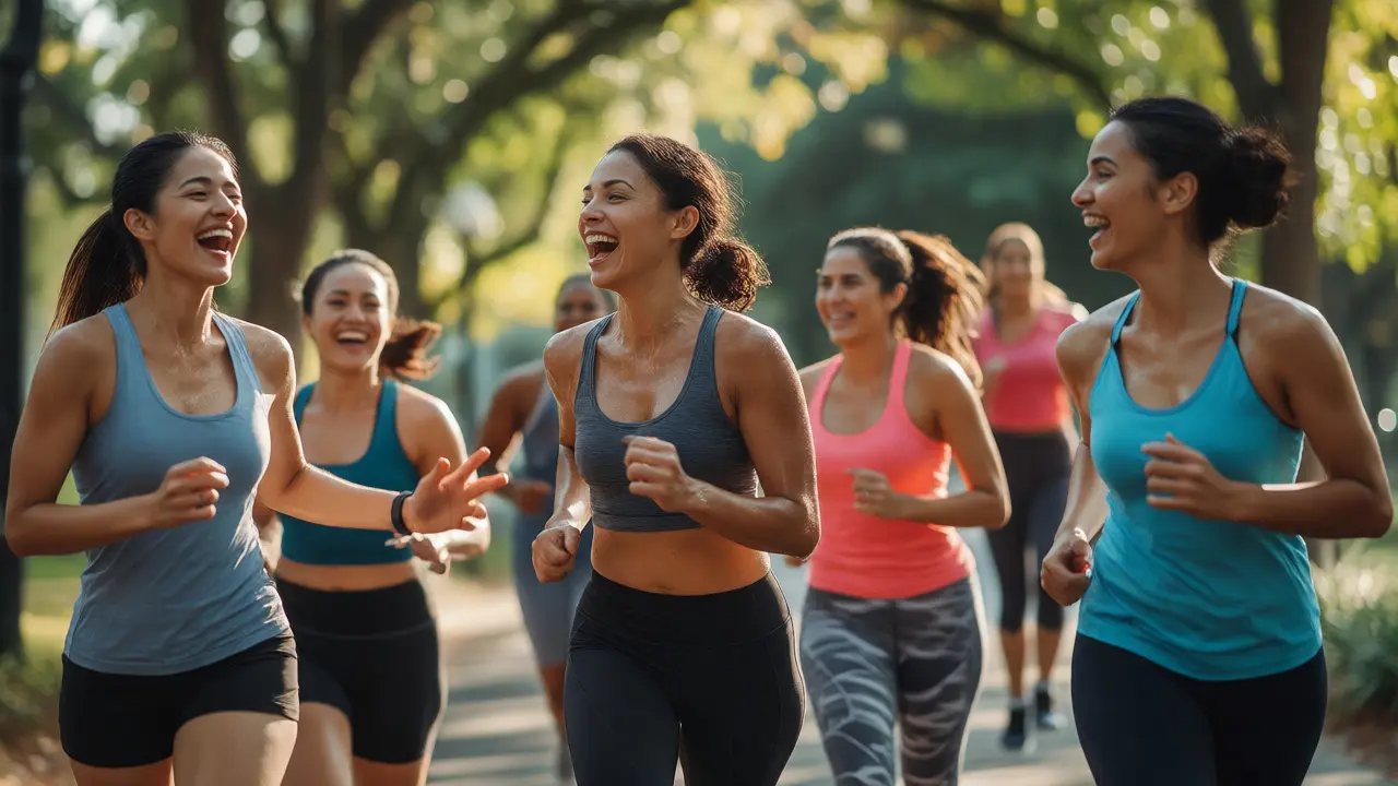 Diverse group of women laughing and running together in a park during a fitness club meetup