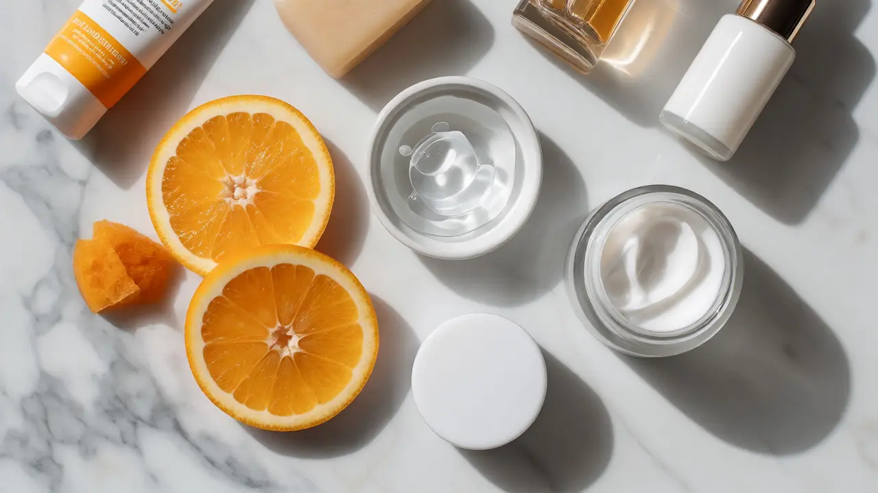 Flat lay of pregnancy-safe skincare ingredients including vitamin C and hyaluronic acid.