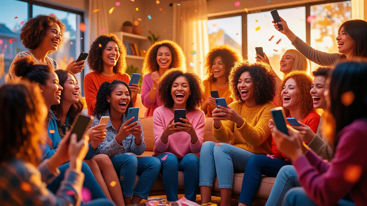 Group of female friends celebrating with phones
