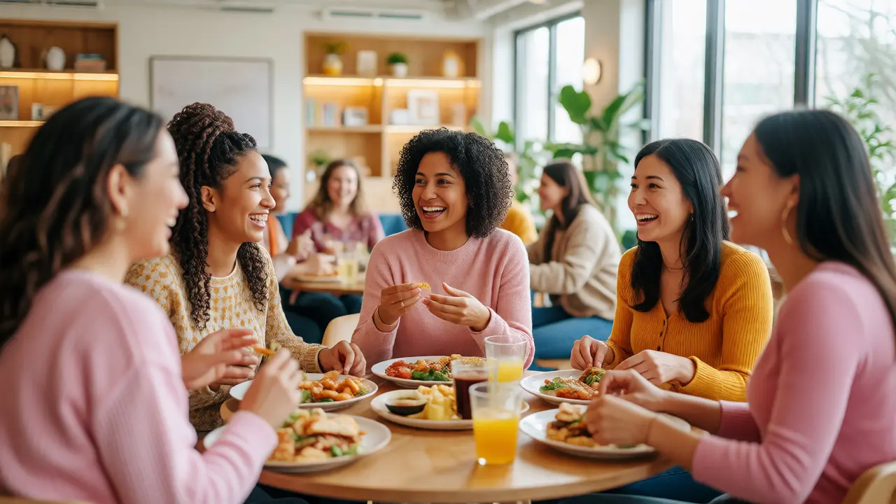 Group of women laughing and sharing a meal in a bright coworking space