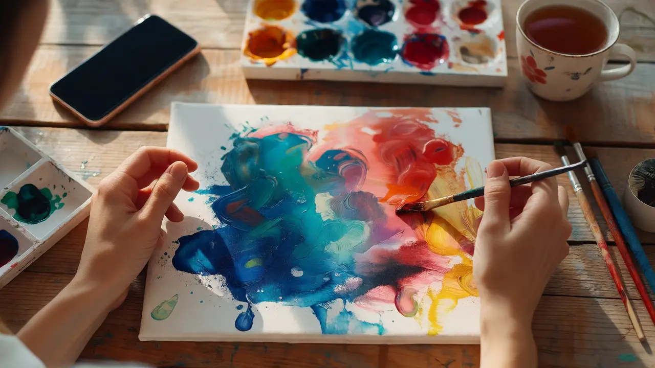Hands mixing imperfect paint colors on a wooden table