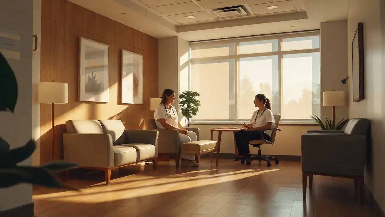 Healthcare provider having a supportive conversation with a female patient.