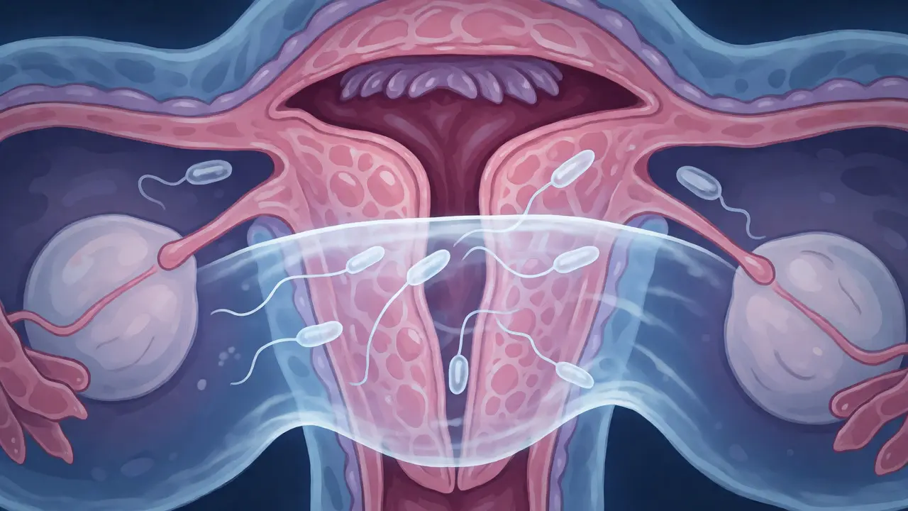 Illustration of thickened cervical mucus blocking sperm in the uterus