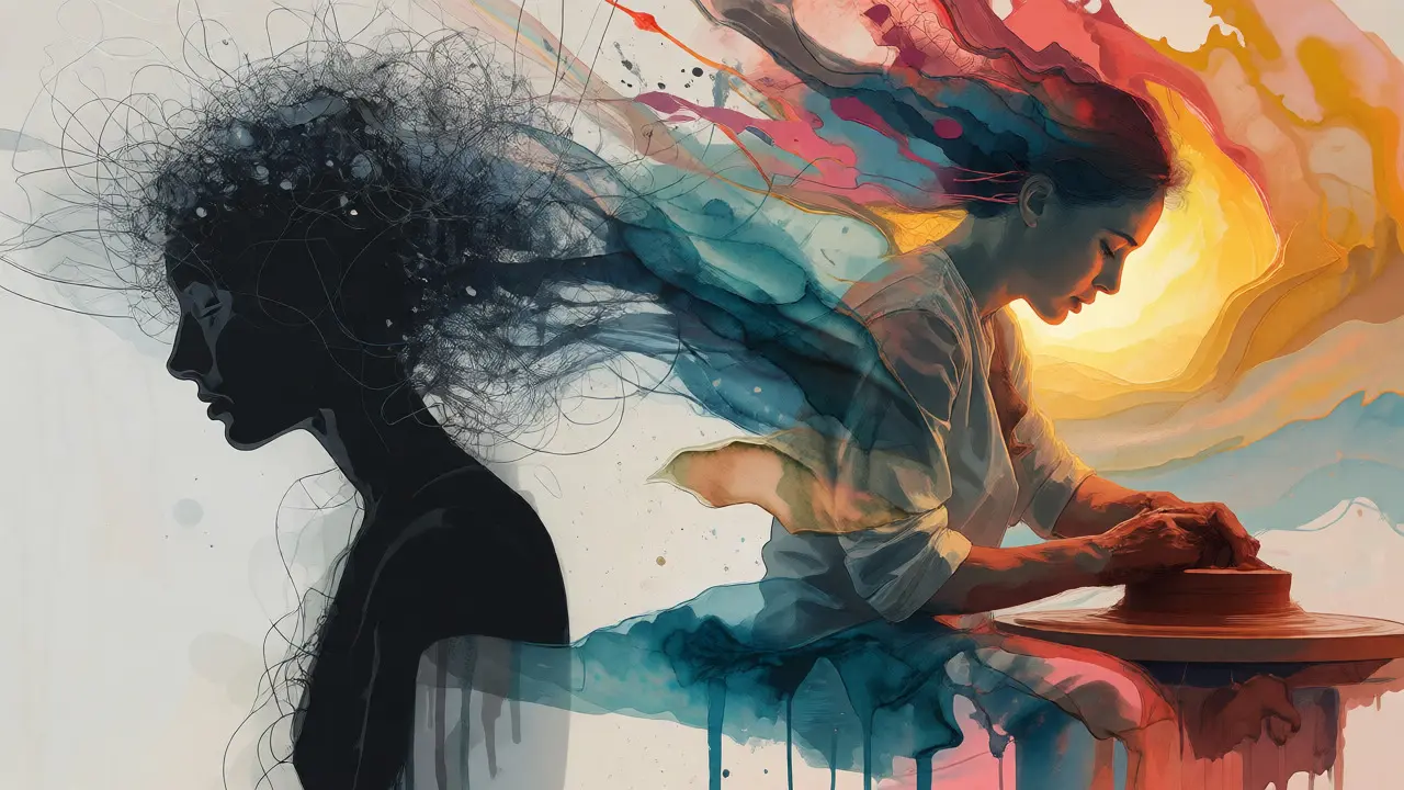 Illustration of woman finding peace through pottery amid chaos
