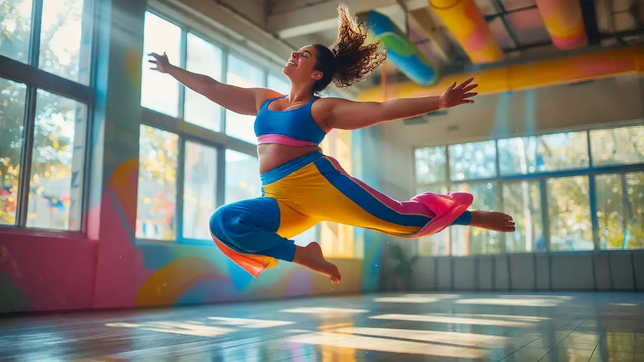 Joyful woman dancing freely in bright studio space