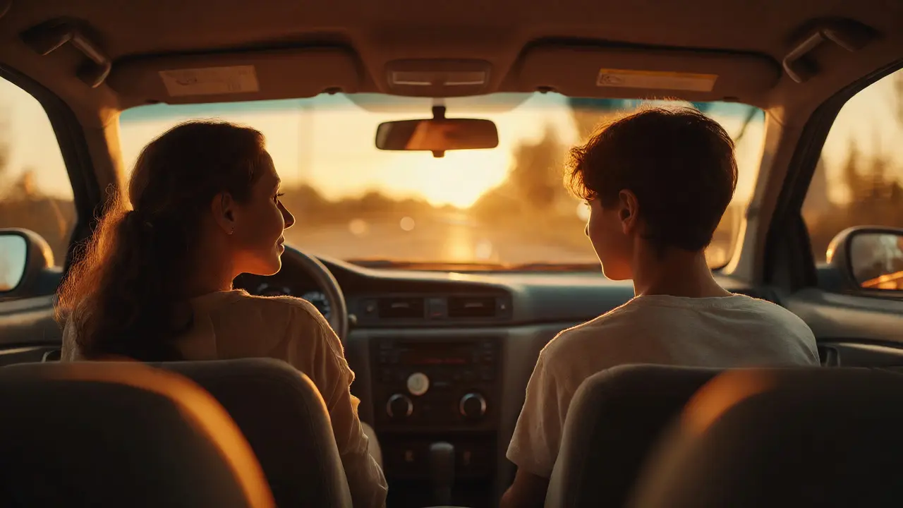 Mother and teen son driving together at sunset, engaging in calm side-by-side conversation without direct eye contact.