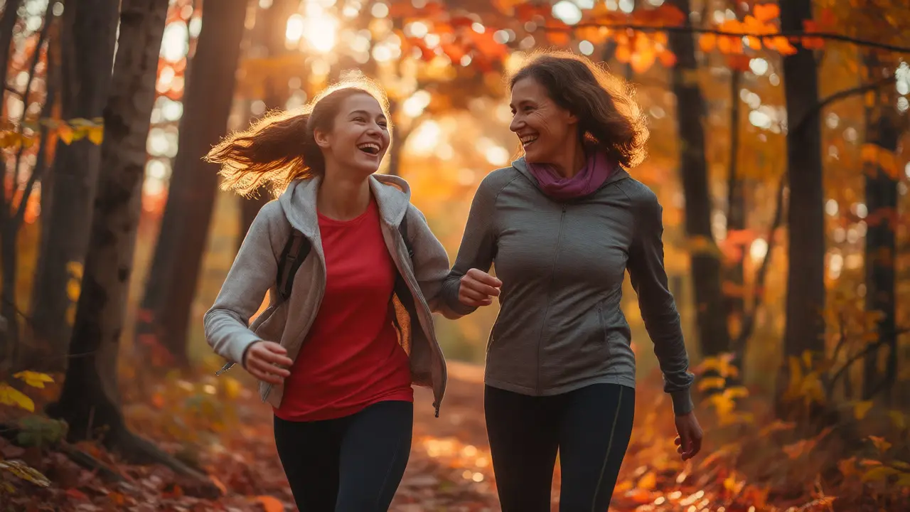 Mother and teenage daughter laughing and hiking together on a sunny autumn trail, enjoying physical activity.
