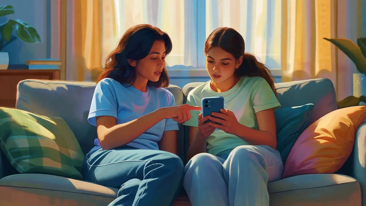 Mother and teenage daughter sitting on a sofa, looking at a smartphone together to discuss social media content.