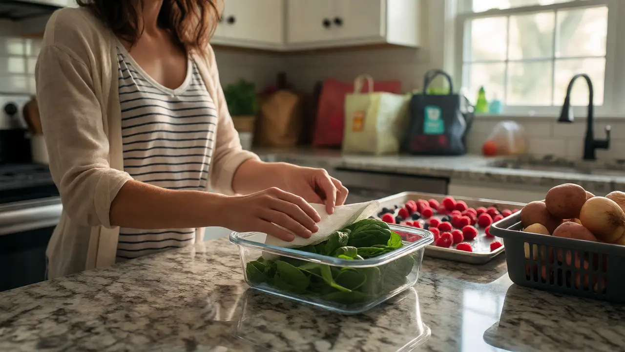 Organizing fresh produce in a kitchen, wrapping greens and preparing berries for freezing.