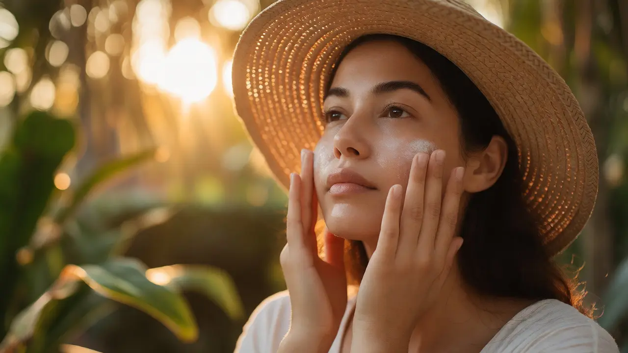 Pregnant woman applying mineral sunscreen outdoors while wearing a sun hat.