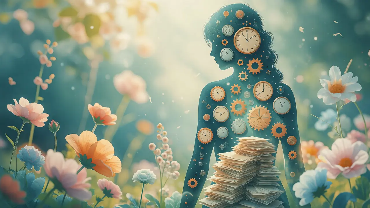 Silhouette of a woman with internal gears surrounded by blooming flowers.