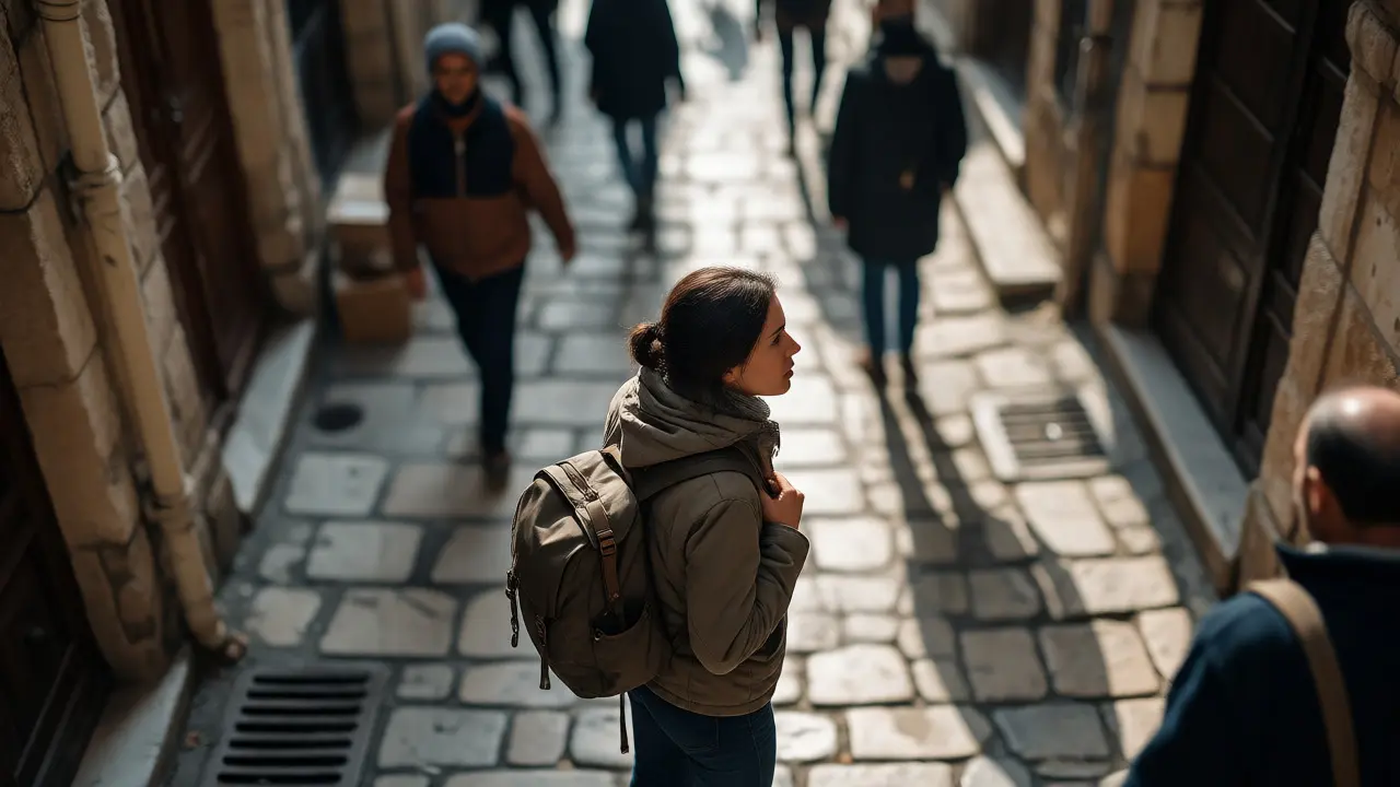 Solo female traveler walking alertly through a busy cobblestone street