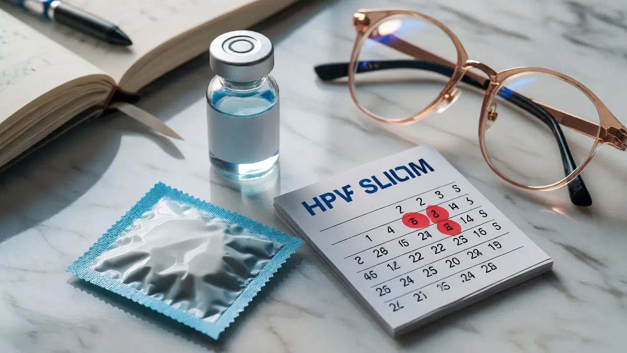 Still life of condom, vaccine vial, and calendar representing prevention.
