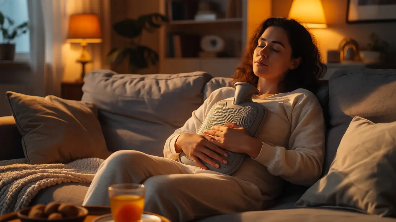 Woman finding relief from period cramps using a hot water bottle while relaxing at home.