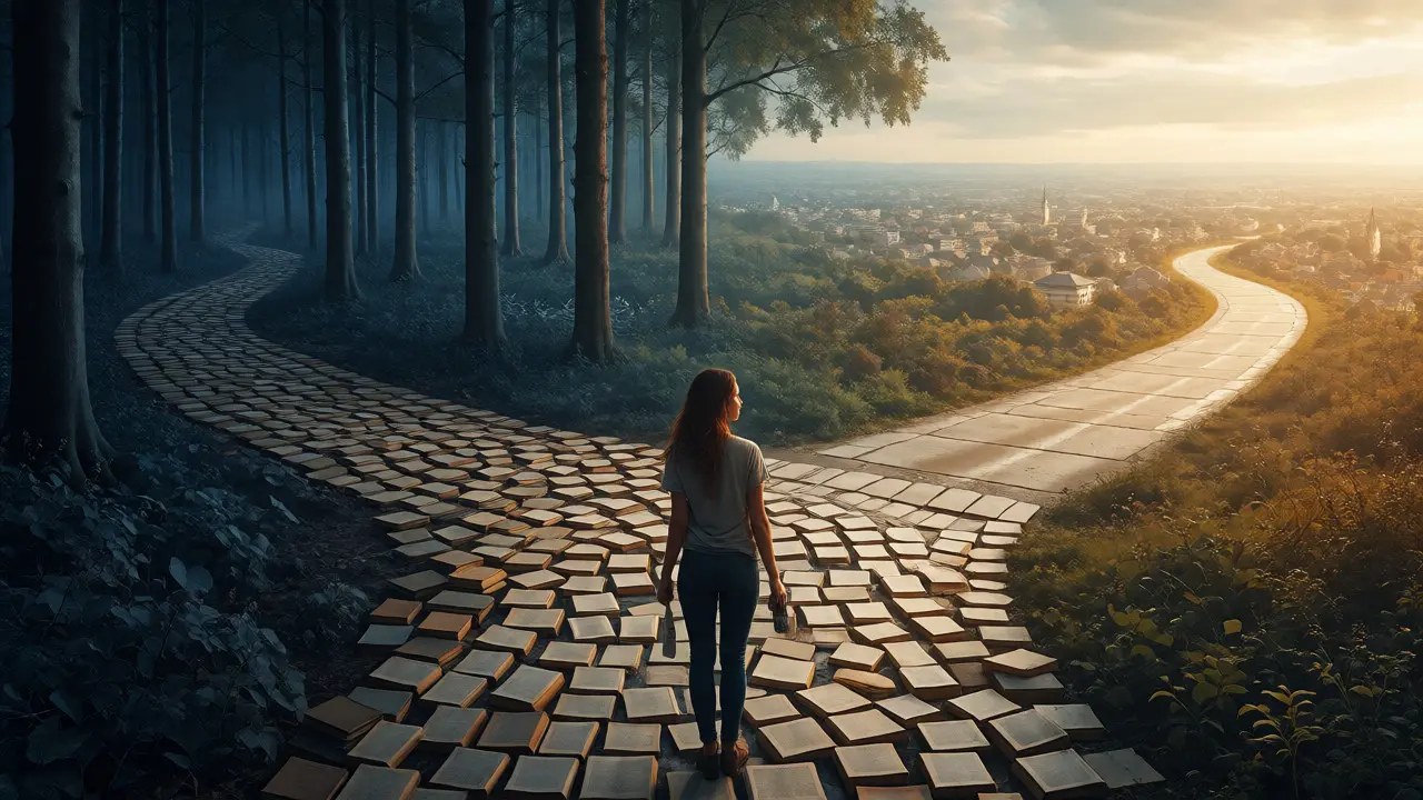 Woman holding a remote and bookmark, standing between paths of books and visuals.