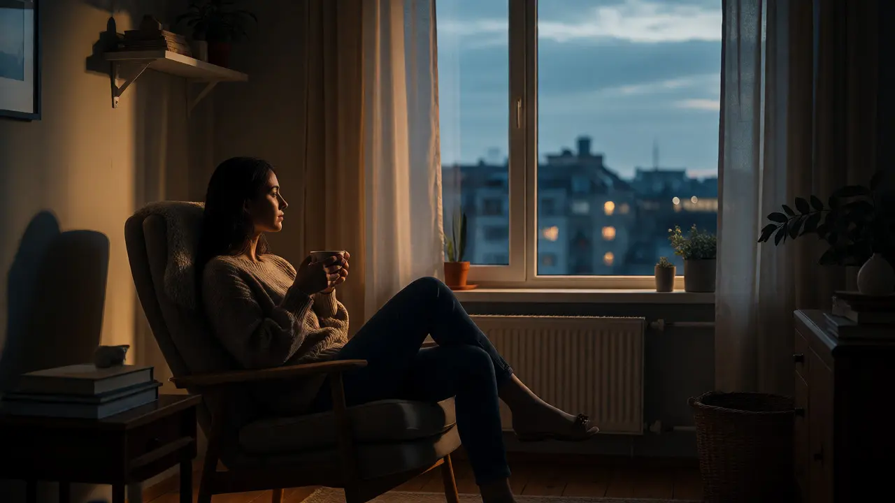 Woman relaxing in an armchair by a window at twilight, enjoying quiet time.