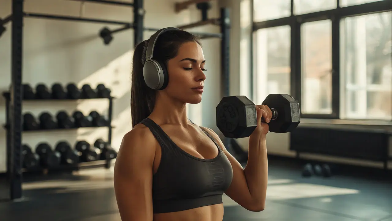 Woman training alone with headphones in a quiet, sunlit gym corner.