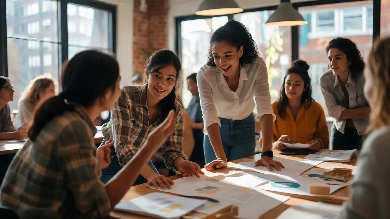 Women collaborating in a mentorship session at a modern workspace