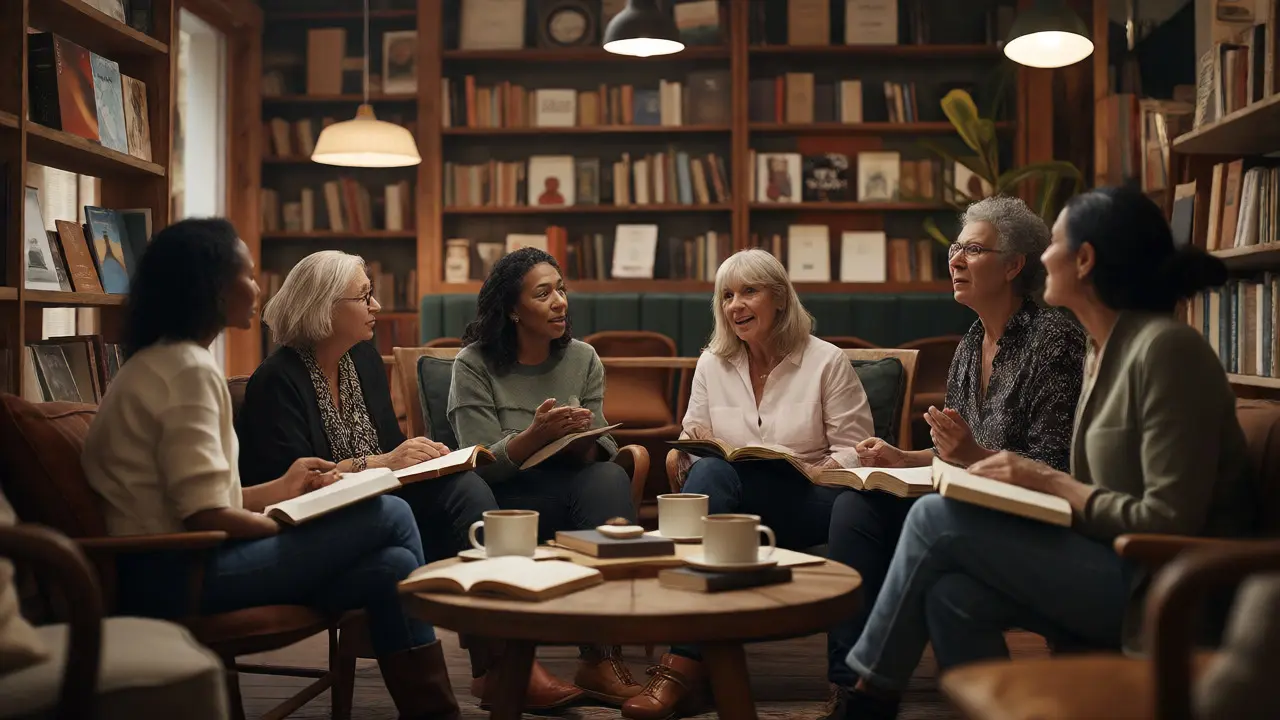Women engaging in deep conversation during a cozy book club meeting in a library